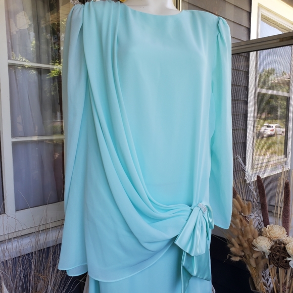 Vintage 70's After Dark Mint Green 2 Layered Chiffon Drape Bow Formal Dress - Picture 6 of 10